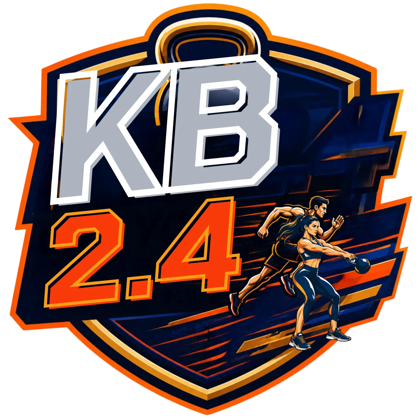 Emblema KB 2.4 con atletas de kettlebell y carrera